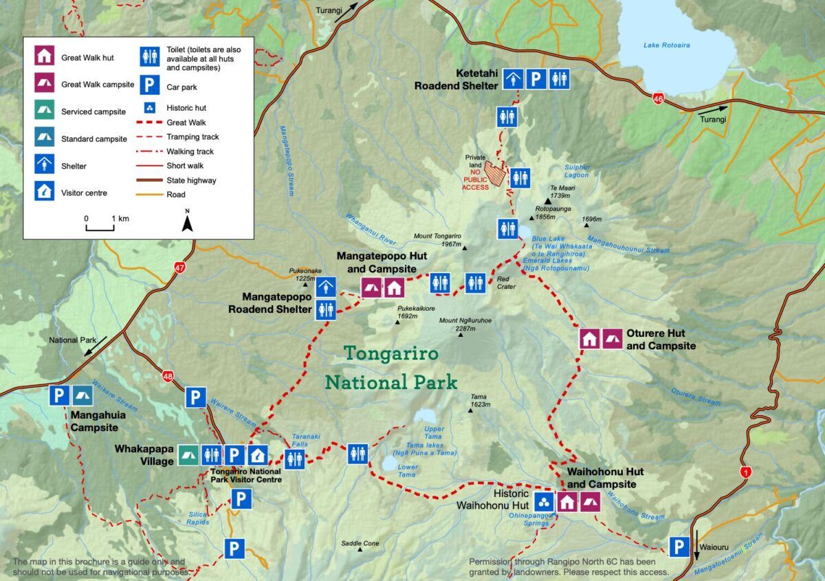 A map of the Tongariro Northern Circuit taken from New Zealand's Department of Conservation website.